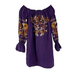 Free People Fleur De Jour Mini Dress Purple Off Shoulder Floral Embroidered XS